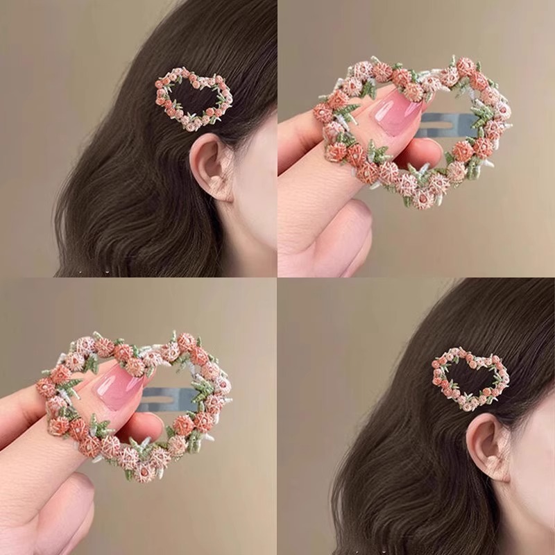 High-end pink flower hairpin for women, 2025 new style sweet heart-shaped BB clip, side bangs hairpin headwear full figure