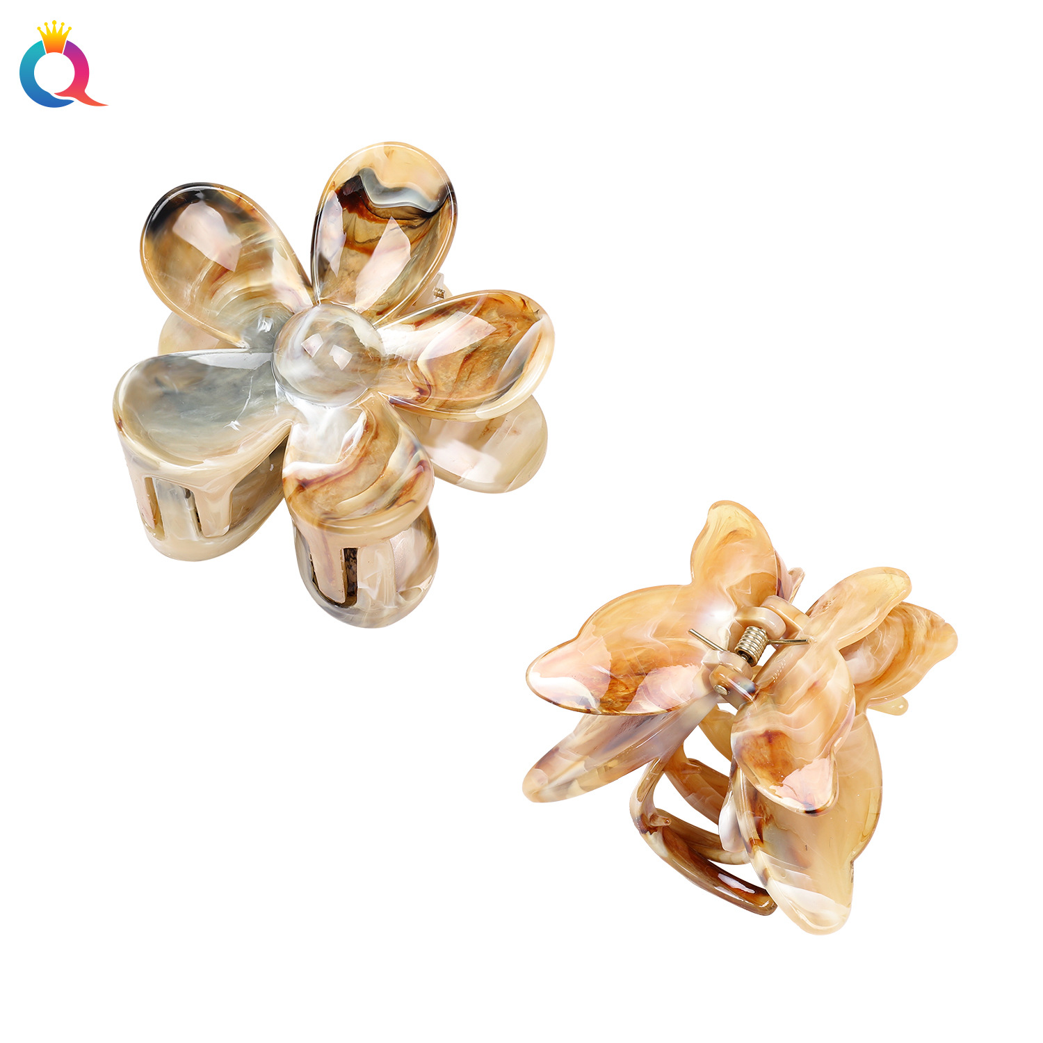 Qiyue Cross-border PS Double Butterfly Marble Hair Clip, Women's Large Flower Bun Hair Clip, Shark Clip Hair Accessory wholesale Item Picture