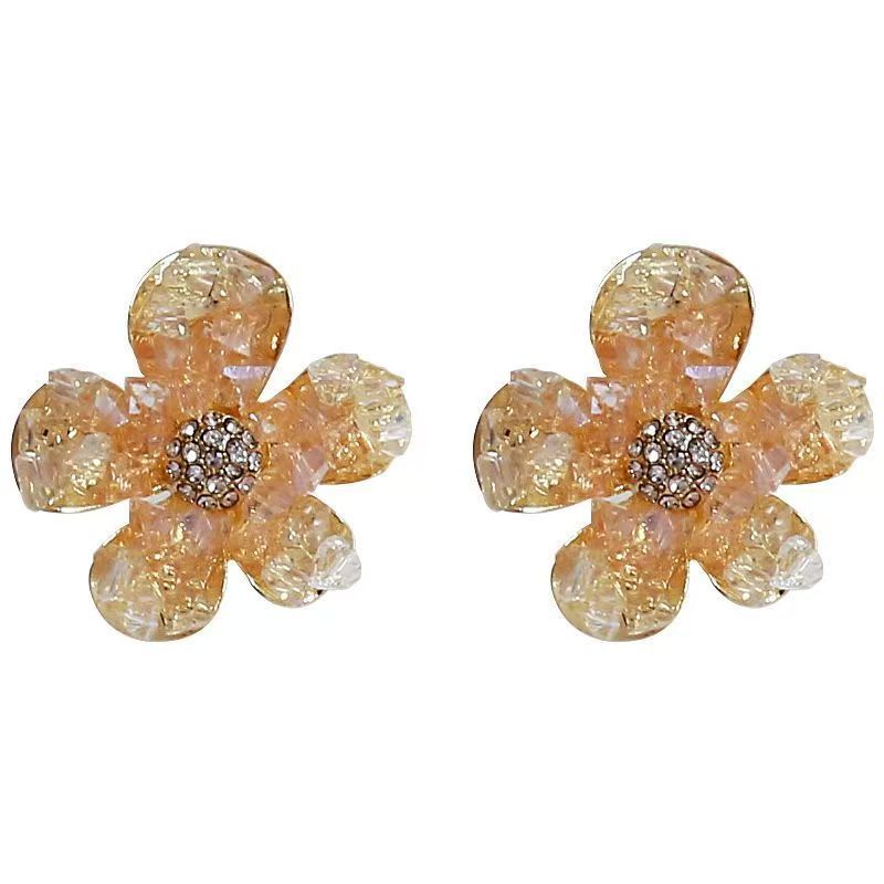 Trendy yellow crystal flower stud earrings, fashionable and versatile for women, trendy and elegant earrings, high-end earrings wholesale Item Picture