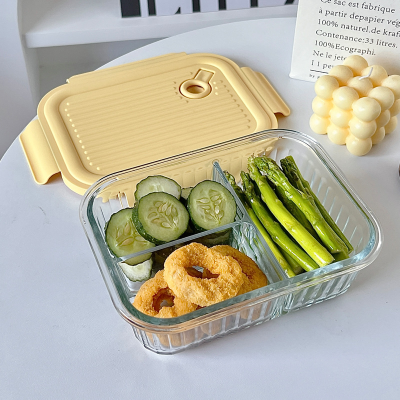 Wholesale of InS-style high borosilicate glass lunch boxes with pull rings, microwave oven dividers, rice bento boxes, and fresh-keeping bowls with meals Specification drawing