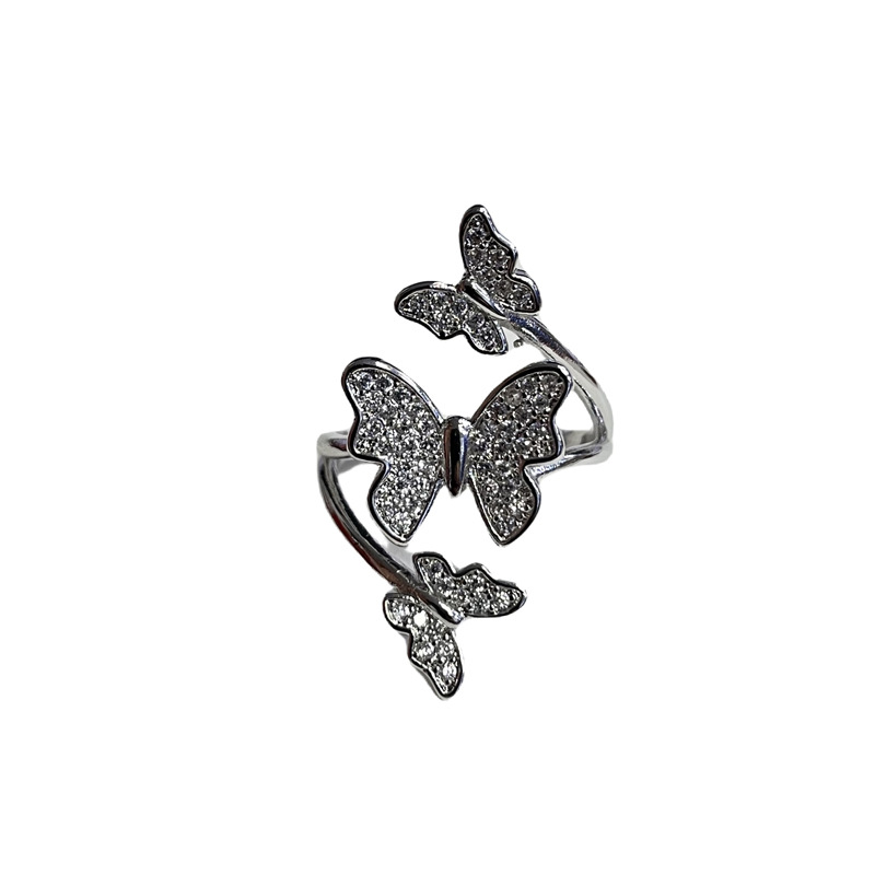 A light luxury and high-end butterfly full diamond zircon fashionable open ring, a simple and individual sweet and cool cold style index finger ring for women Item Picture