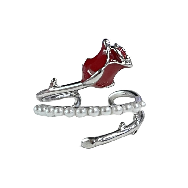 A high-end, light luxury, colorful rose and pearl drip glaze open ring, a simple and individual design for women Item Picture