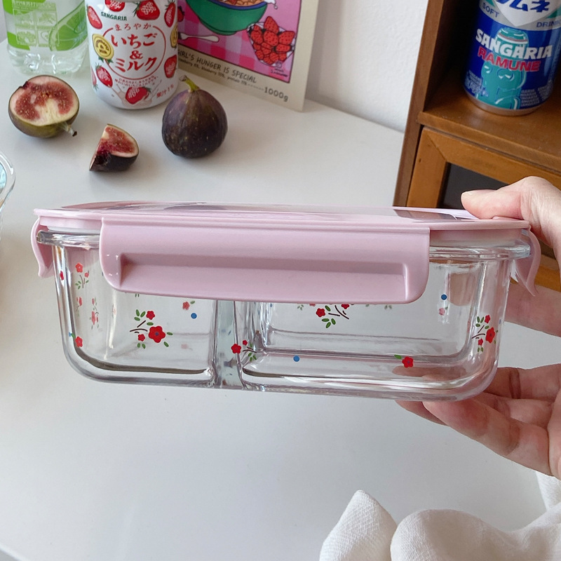 Rectangular glass lunch box, girlish fresh-keeping bowl, bento box with covered bowl, microwave oven heating tape, rice fresh-keeping box Specification drawing