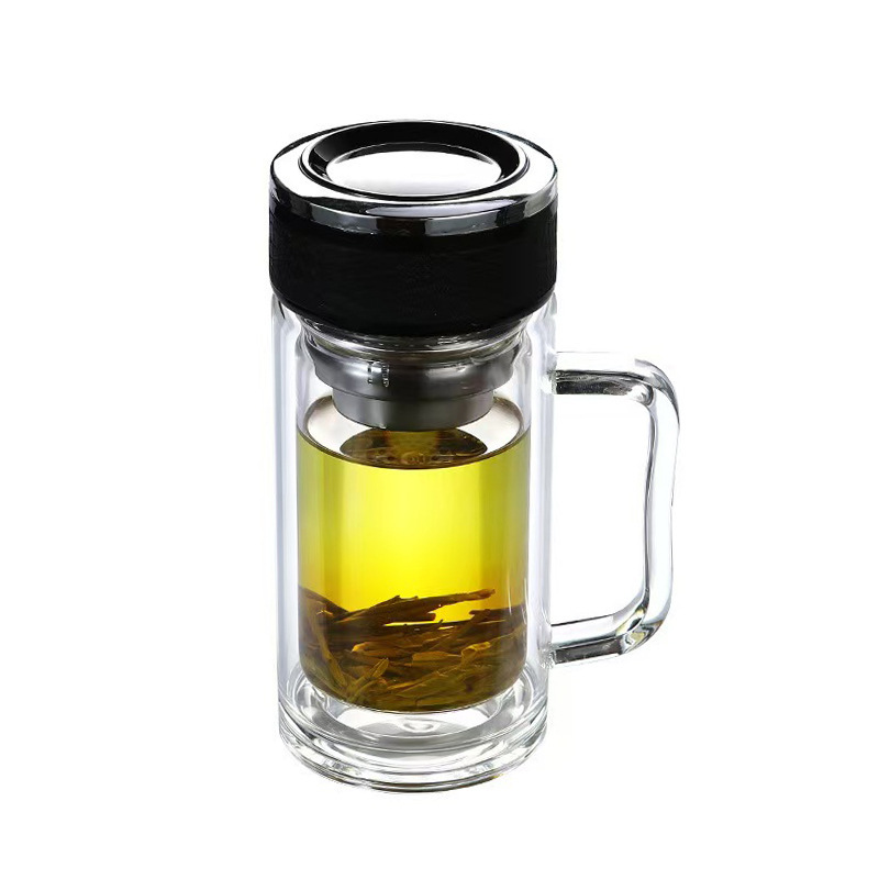 Double-layer business glass cups with handles, office cups, household drinking cups, large-capacity tea brewing cups, high-appearance-level handle cups Item Picture
