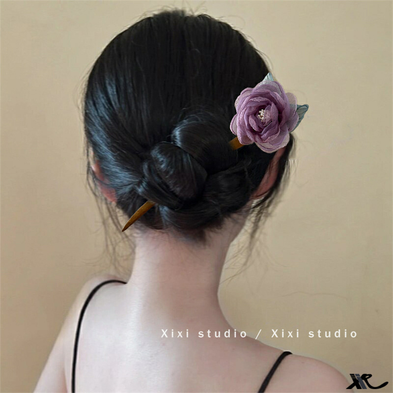 Purple rose wood hairpin, summer hairpin, mesh flower hairpin, ancient-style hairpin, flower headwear, elegant hair accessory for women details Picture