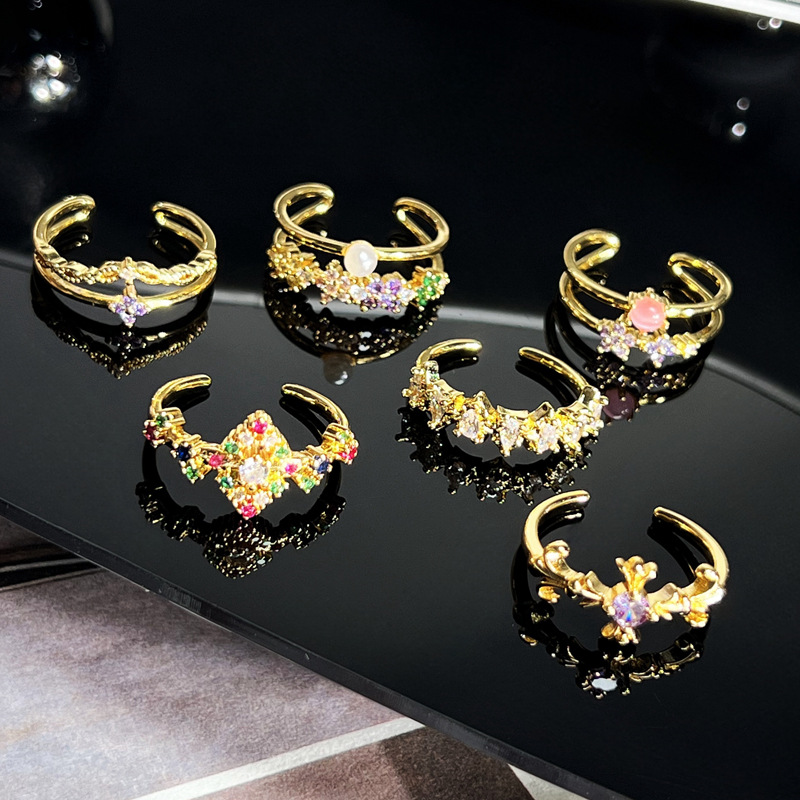A new Korean version iris purple diamond double-layer open ring for women's exquisite colored diamonds, fashionable and niche cold style index finger ring Specification drawing