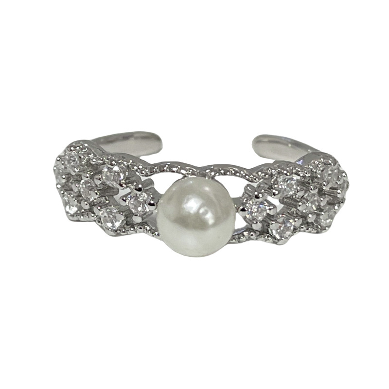 Lace hollowed-out pearl ring for women, adjustable, light luxury, trendy, niche, exquisite, retro, niche style, versatile index finger ring Item Picture
