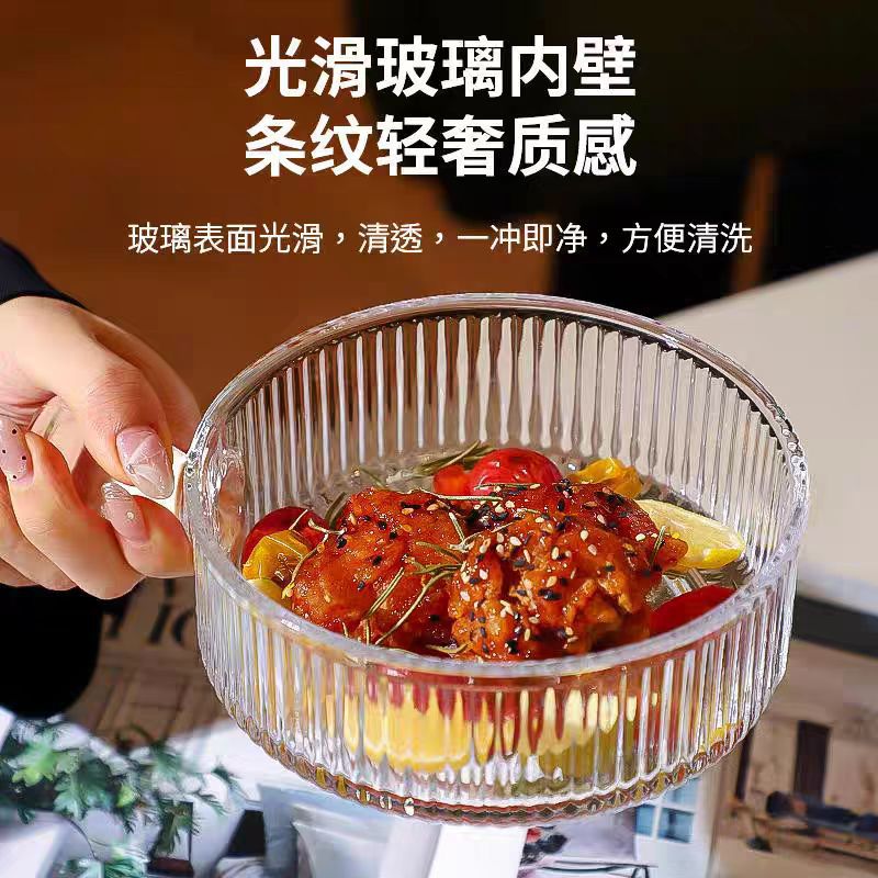 Glass salad bowl with handle, popular tableware, rice bowl and plate, individual baking, instant noodle soup bowl, dessert and yogurt bowl Specification drawing