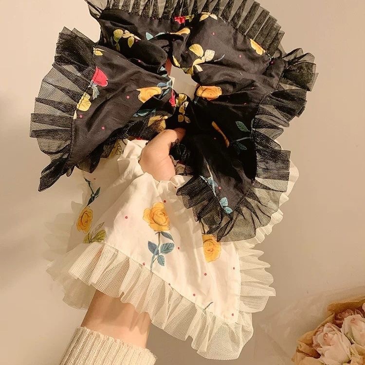 Rose-flowered lace square scarf, large intestine hair tie, high-end feminine charm, large square hair tie, Korean-style headwear full figure