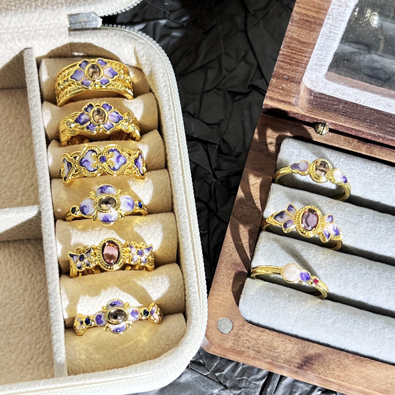 New Chinese-style retro purple gradient enamel drop glaze open ring, a unique design sense for women, light luxury, sweet and cool index finger ring Specification drawing