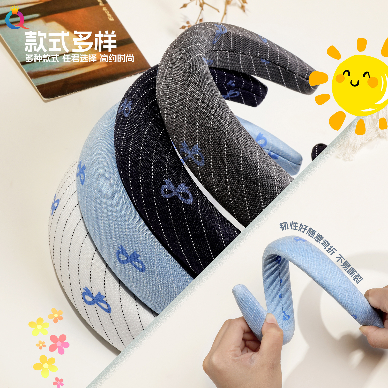 Qiyue Fresh blue bow striped headband, wide-brimmed, elegant and stylish headband, hair clip, hair accessory Application Scenario