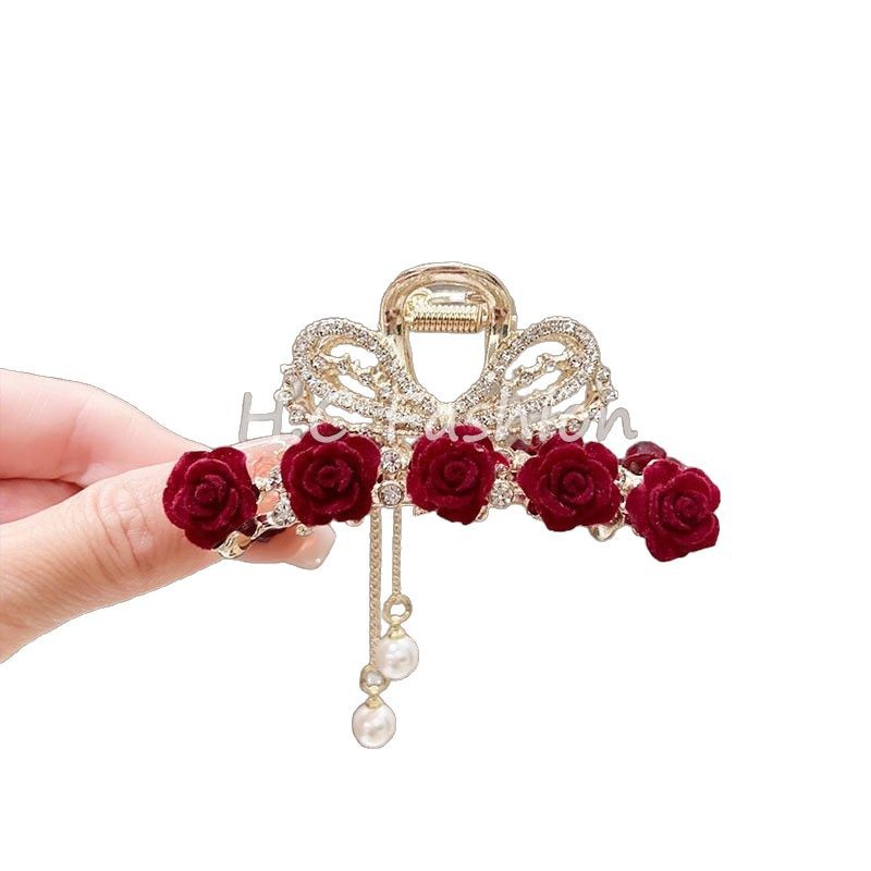 Retro Chinese style red rose tassel hairpin, wine red flower shark clip, step shake ancient style high-end grabber Item Picture