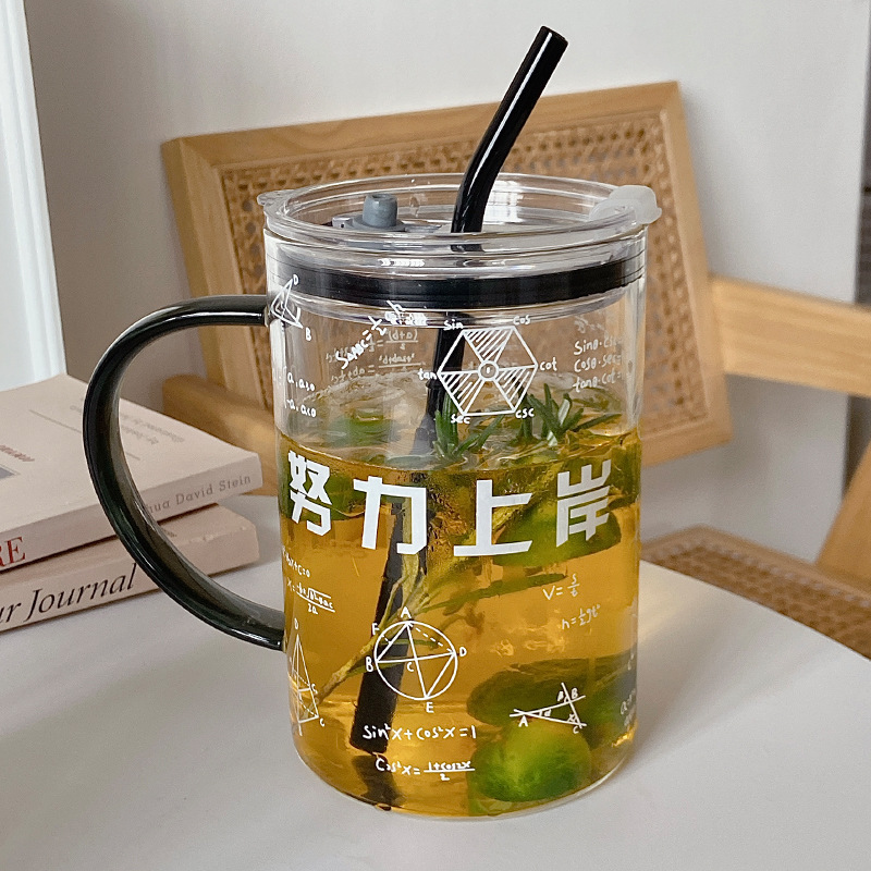 Bolimei Creative 1000ml large-capacity glass water cup with lid and straw printed ins style simple water cup details Picture