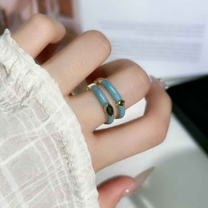 Minimalist blue gilt enamel drop glaze plain ring open ring, women's fair complexion, layering fashionable and individual ring trend full figure