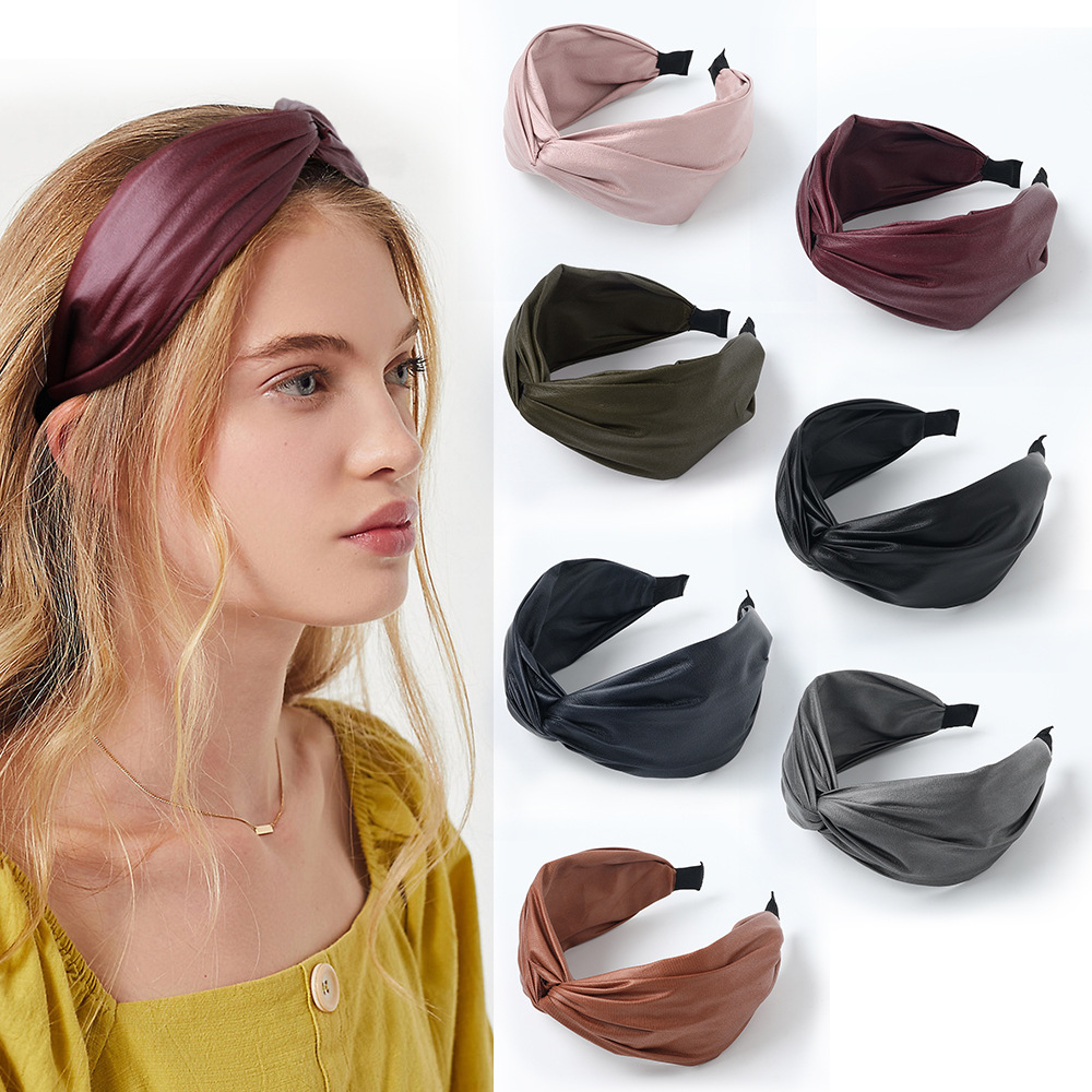 Qiyue Cross-border solid color hair band, PU leather cross headband, high top of the head, face-washing hair hole, high-end and elegant hair accessory for women full figure