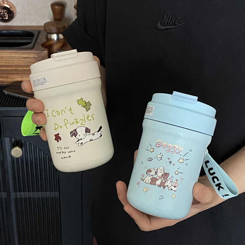 Cartoon 316 stainless steel insulated cup, cute puppy sealed straw cup, double-spout portable cup, tea and water separation details Picture