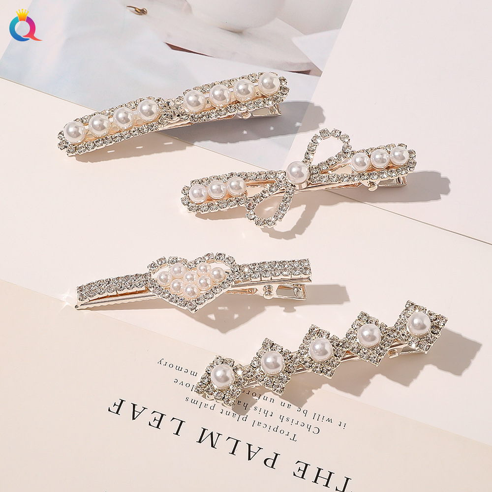 Qiyue Korean version hair accessories, water diamond hair clips, bangs clips, alloy fashionable pearl duckbill clips A92 Application Scenario