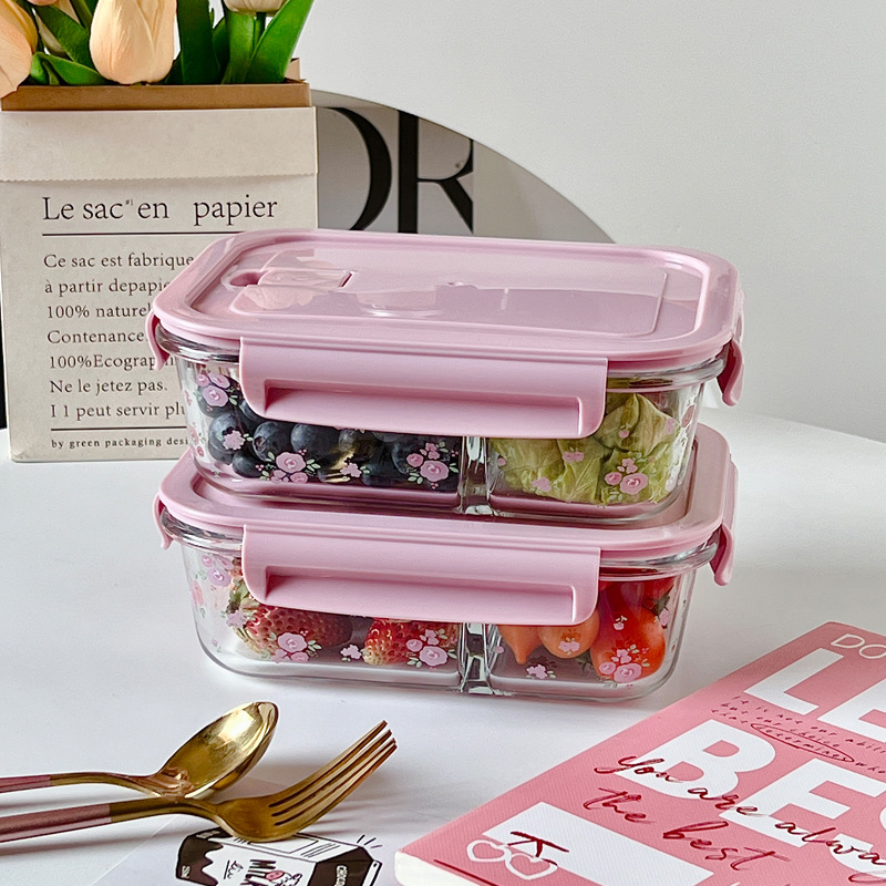 Wholesale of Bolimei French-style high borosilicate glass lunch boxes, microwave oven divider rice bento boxes, fresh-keeping bowls with meals full figure