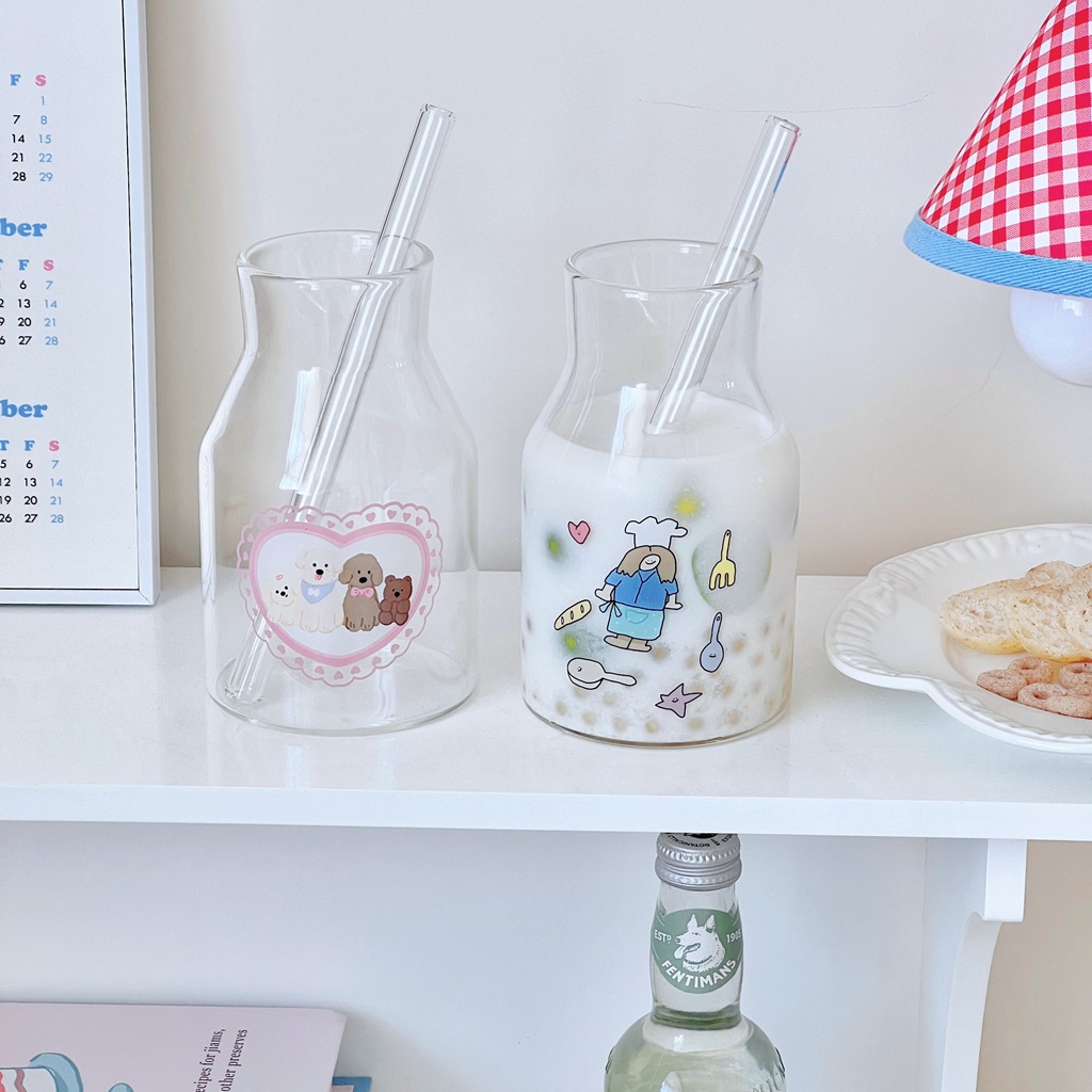 ins girlish heart glass cup, simple girls' juice cup, milk cup, coffee cup, cold brew glass bottle cup Specification drawing