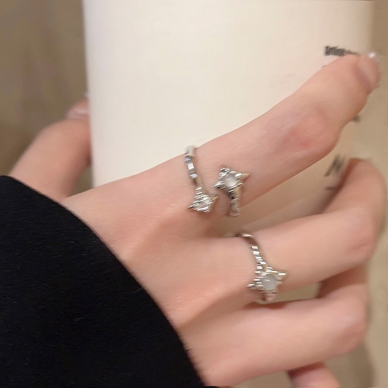 Irregular starlight moonstone open ring, simple and cold style for women, adjustable ring, fashionable plain ring index finger ring details Picture