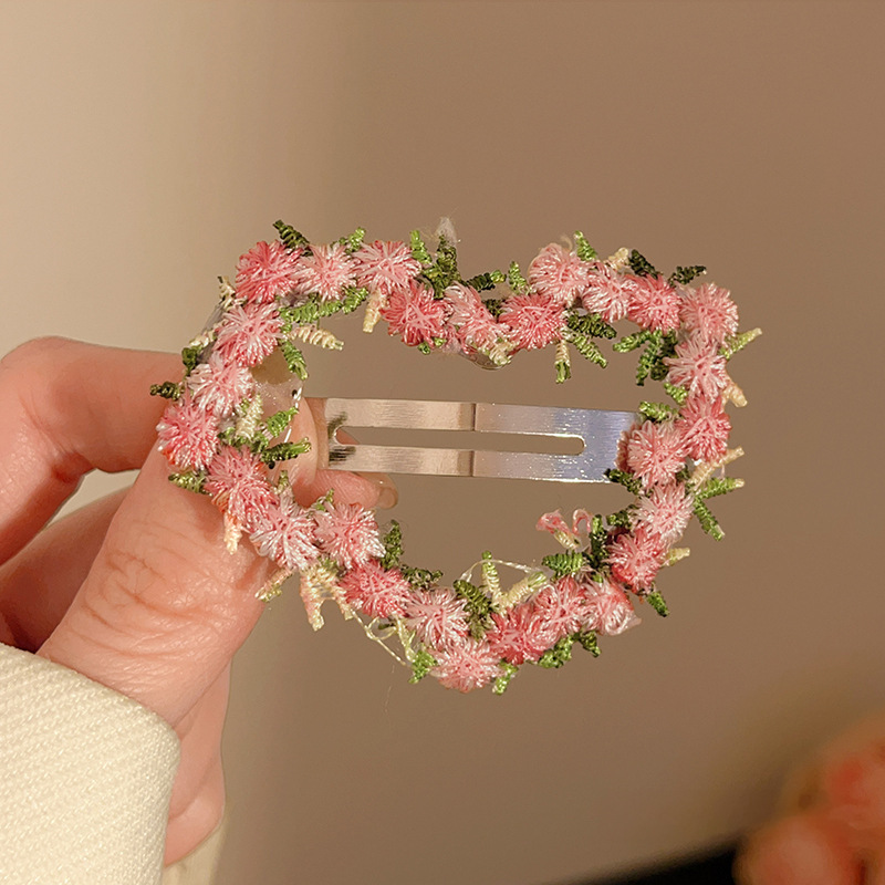 High-end pink flower hairpin for women, 2025 new style sweet heart-shaped BB clip, side bangs hairpin headwear Specification drawing