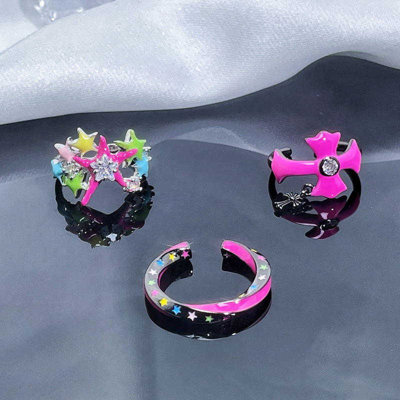 Sweet and cool star cross pink drip glaze open ring for women on Instagram, cold style, high-end and versatile ring Specification drawing