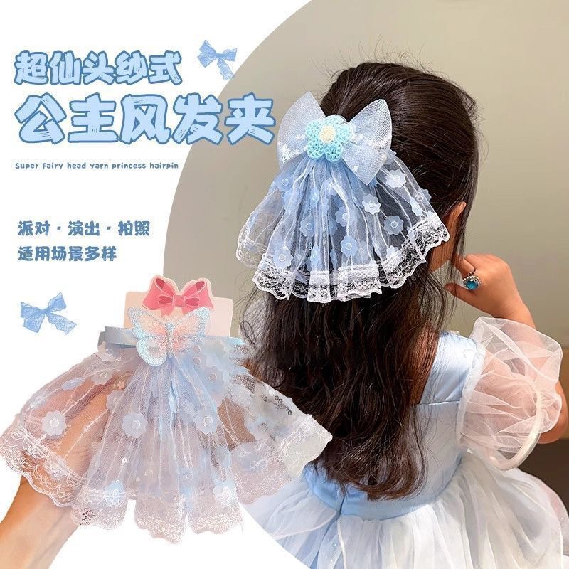 Children's super fairy-like silk gauze bow hair clips, cute baby princess ponytail hair clips, little girl forest-themed hair accessories details Picture