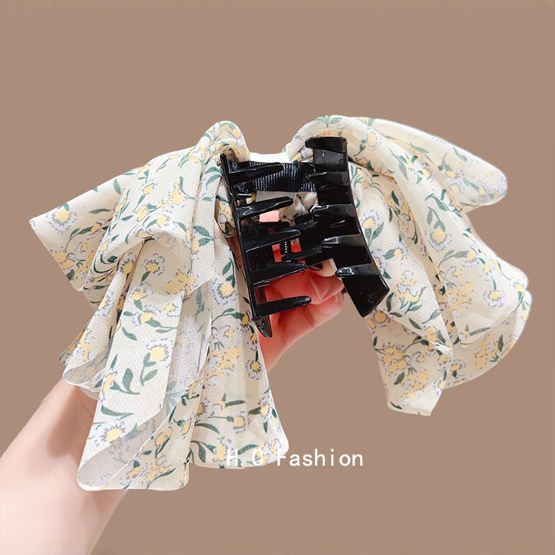 Korean spring and summer style black and white chiffon floral pinch girls' sweet and versatile bow ponytail shark clip hair accessory Specification drawing
