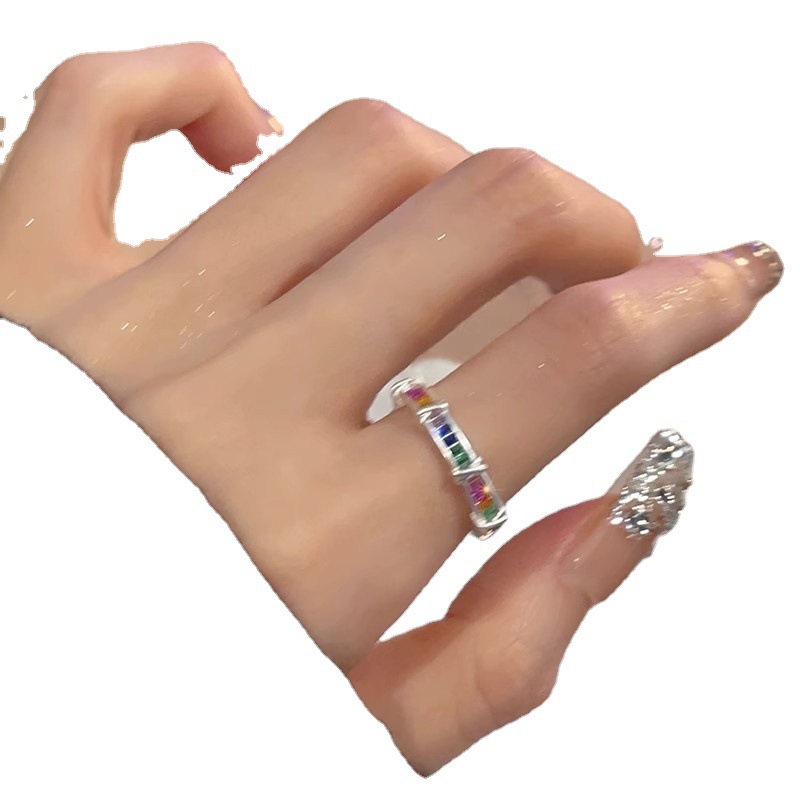 Sweet and cool rainbow Zircon ring, a niche design for women with a high-end feel, a light luxury index finger ring with an adjustable opening, a new type of ring Item Picture