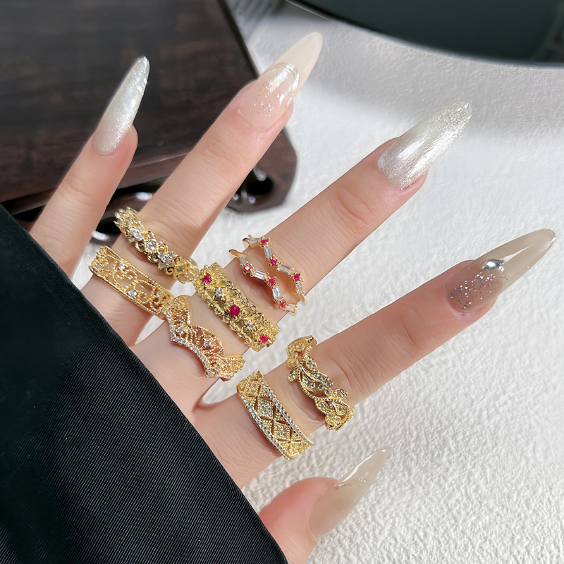 French retro high-end gold niche open ring, court style zircon light luxury, versatile and fashionable ring accessory Specification drawing