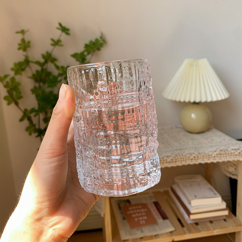 ins bark-patterned glass water cup, women's forest-themed niche relief glass cup, summer juice drink milk cup details Picture