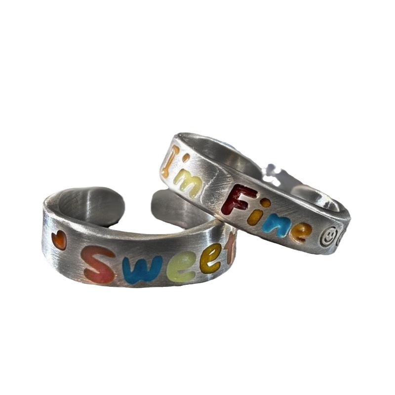 The Japanese and Korean rainbow drip glaze letter open ring is a niche design for women, with a retro, individual and high-end feel. It's a cold style ring trend Item Picture