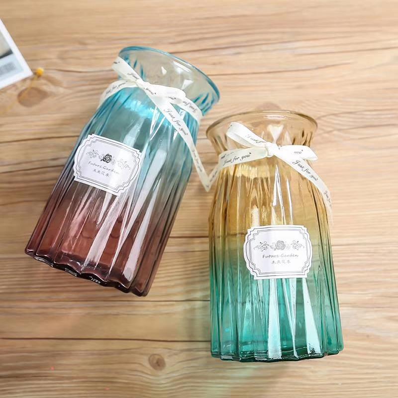 Simple and modern transparent colored glass vase, creative living room decoration, lucky bamboo hydroponic flower arrangement and dried flower vase full figure