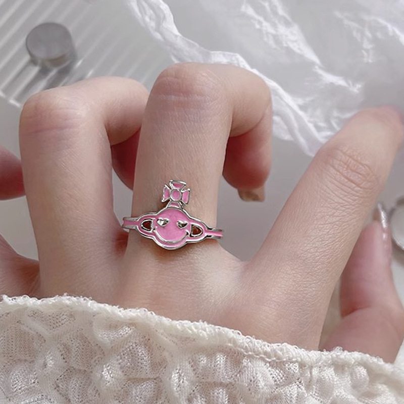 Saturn Smiley face plain ring, colored glazed open ring, women's niche design, ins cold style, versatile and personalized ring Specification drawing
