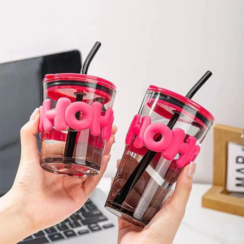 Couple straw cups, simple glass water cups, letter cup sleeves, heat-insulating coffee cups, creative cups for female students' offices full figure