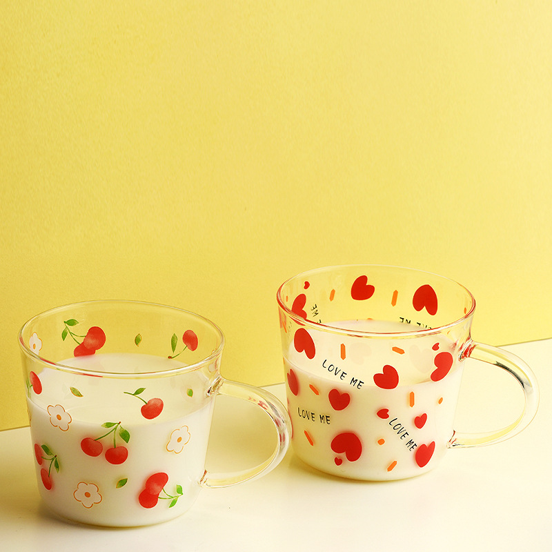 Wholesale glass water cups, household glass cups with handles, patterned printed high borosilicate milk cups, glass breakfast cups details Picture