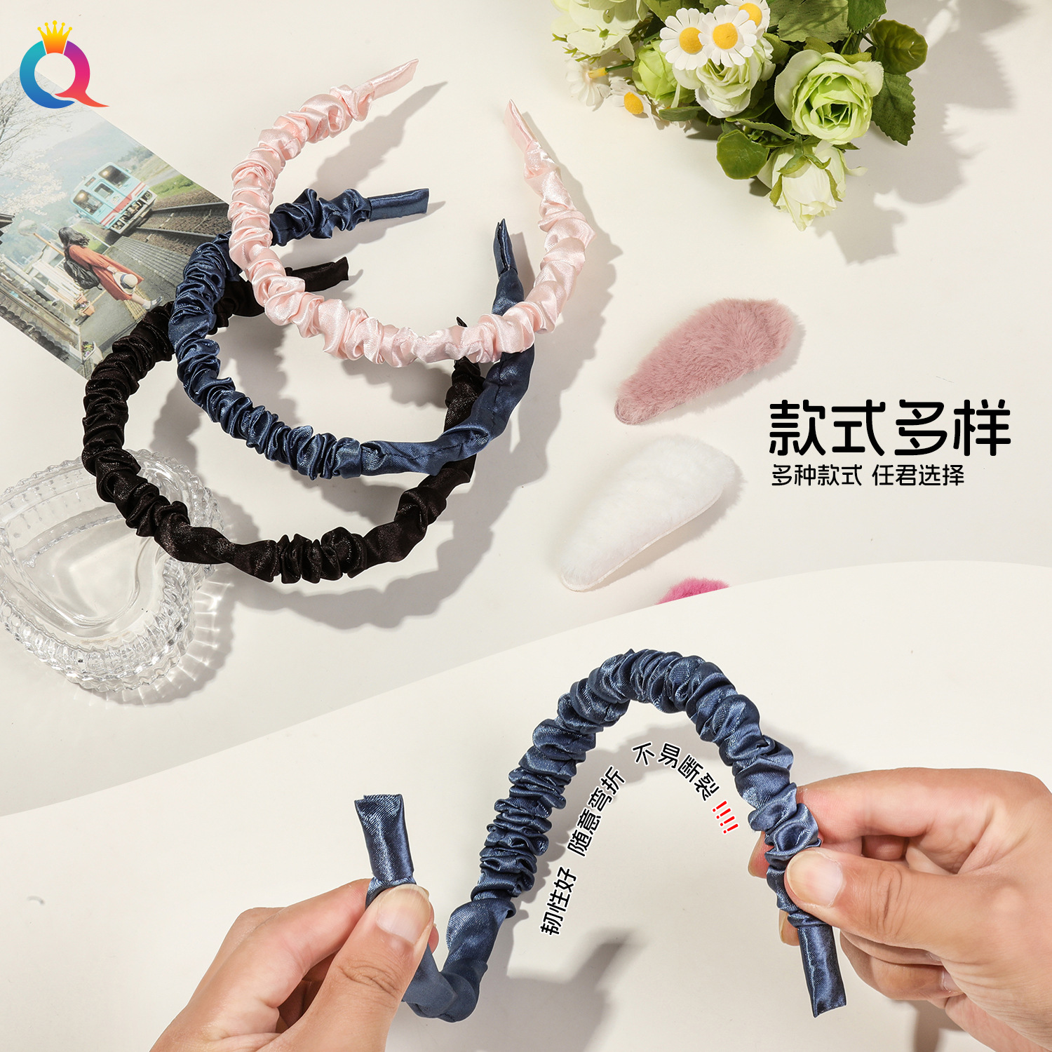 Qiyue Foreign Trade's stylish and versatile pleated hair bands, plush rabbit ears, children's hair clips, bb clips, headbands, and hair accessories Specification drawing