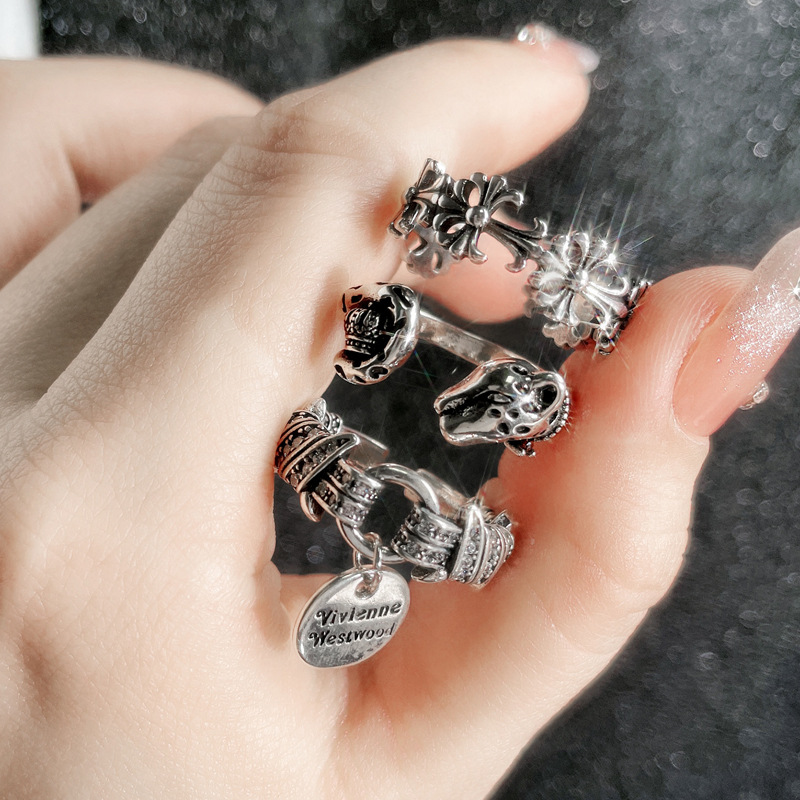 Retro aged and fashionable texture cross-flower plain ring open ring for women Saturn pendant, unique, simple and versatile ring Application Scenario