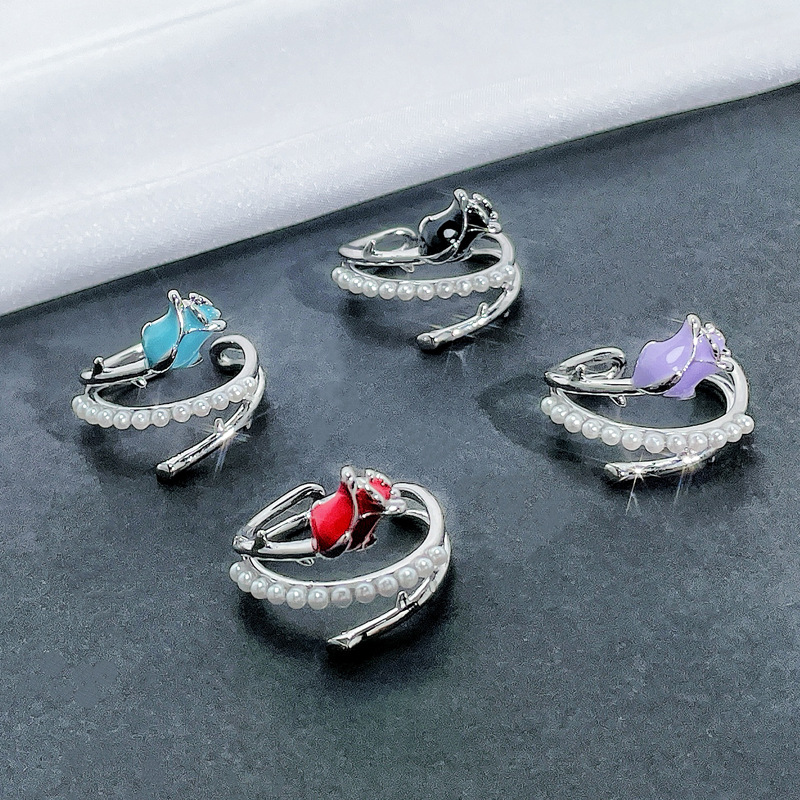 A high-end, light luxury, colorful rose and pearl drip glaze open ring, a simple and individual design for women Application Scenario