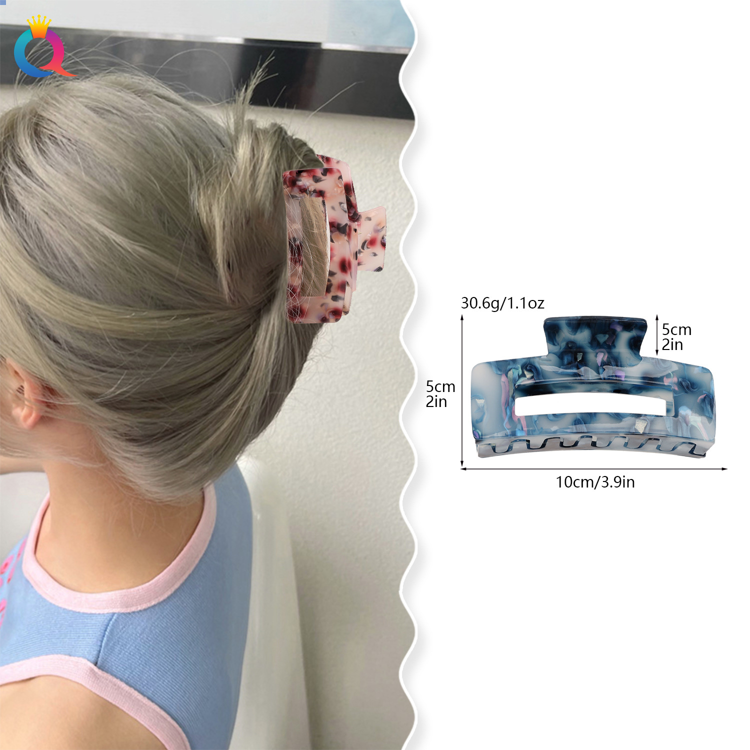 Qiyue Cross-border Large acrylic square hair clips, coil hair grippers, high-end hair grippers, shark clips, hair accessories wholesale details Picture