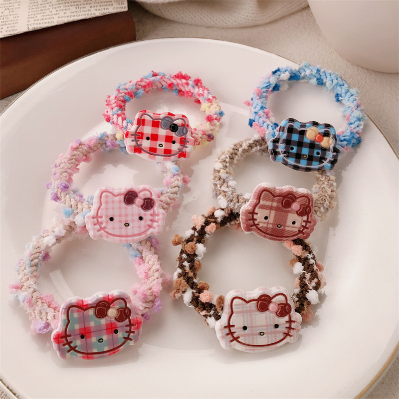 Cute cartoon checkered cat hair bands, high-elasticity hair ties for women in autumn and winter, hair ties, leather bands, hair ties and headwear wholesale Specification drawing