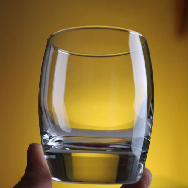 Glass cups, tea cups, milk breakfast whisky glasses, household beverages, juice glasses, straight and tall round cups full figure