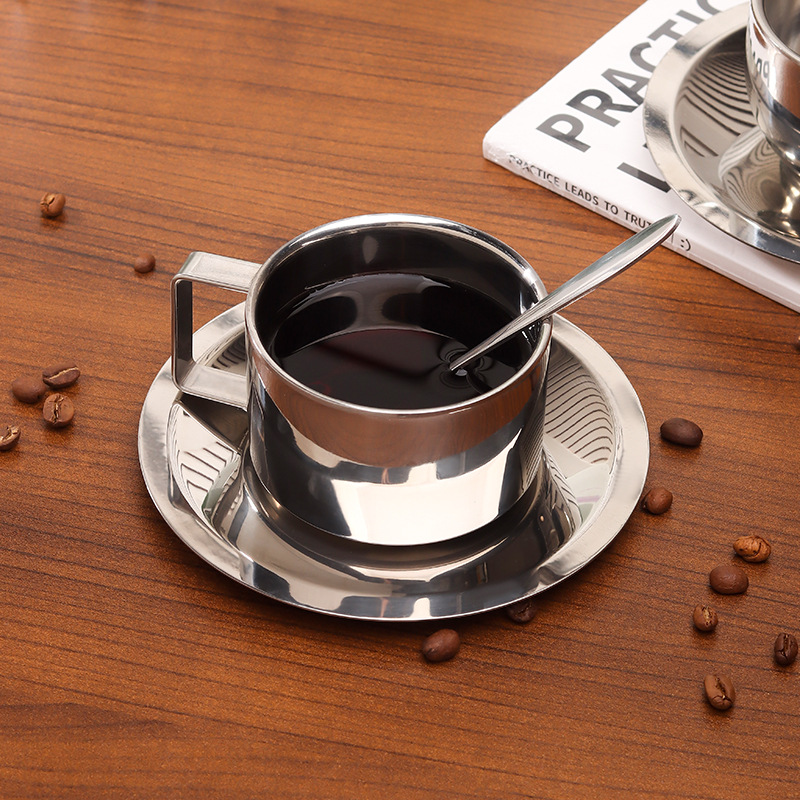 304 stainless steel Milan-style coffee cup set, double-layer cup, restaurant tea cup, industrial-style milk cup, three-piece set Application Scenario