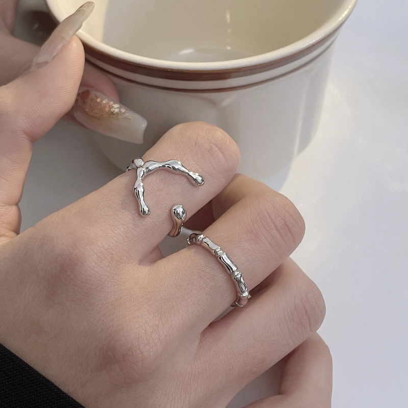 Simple and individual geometric bamboo joint opening ring, a niche design for women, with a sense of high-end luxury, trendy and popular Korean ring details Picture