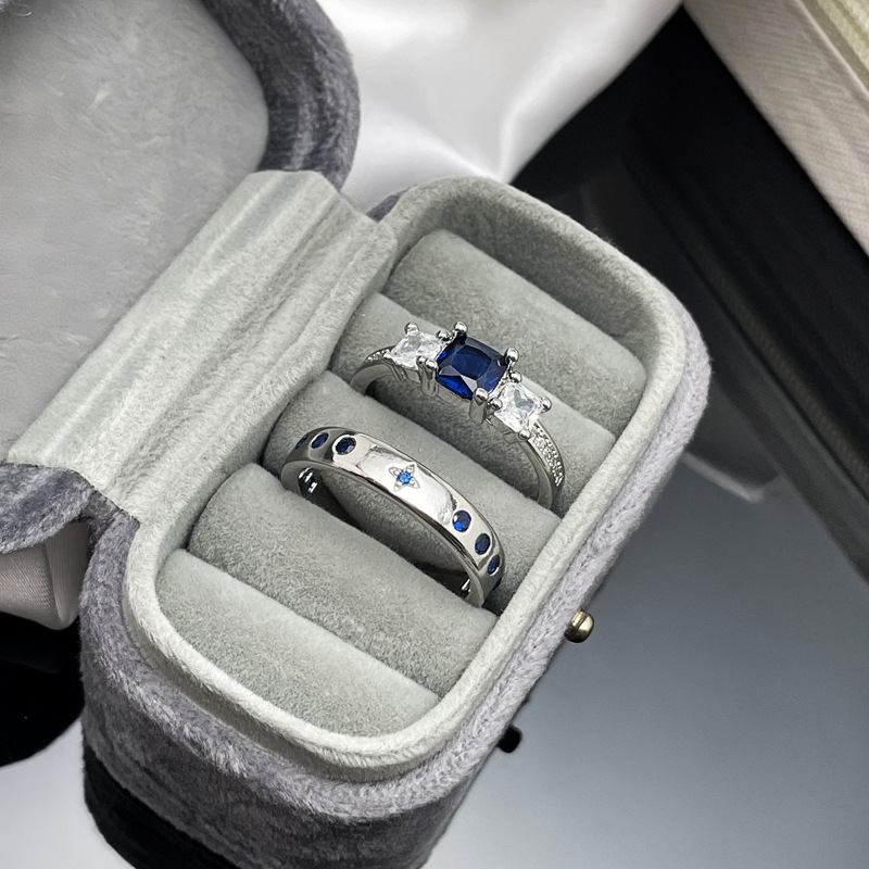 Korean-style unique blue diamond fashion open ring for women, geometric punk couple rings, ins cold style niche accessories full figure