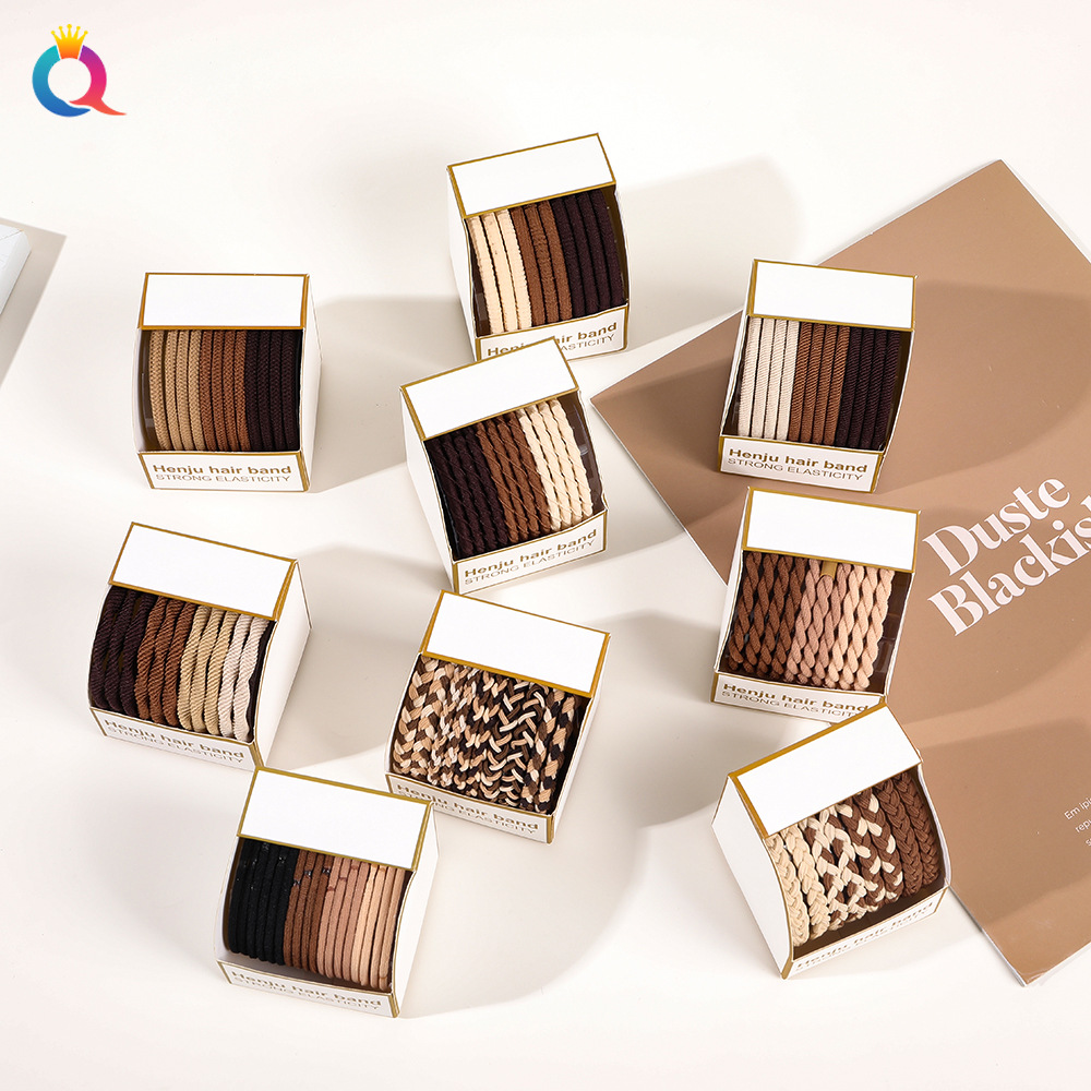 Qiyue Cross-border Box Hair Tie Coffee-colored small rubber band for tying hair, ins high appearance level hair tie and hair accessory wholesale full figure