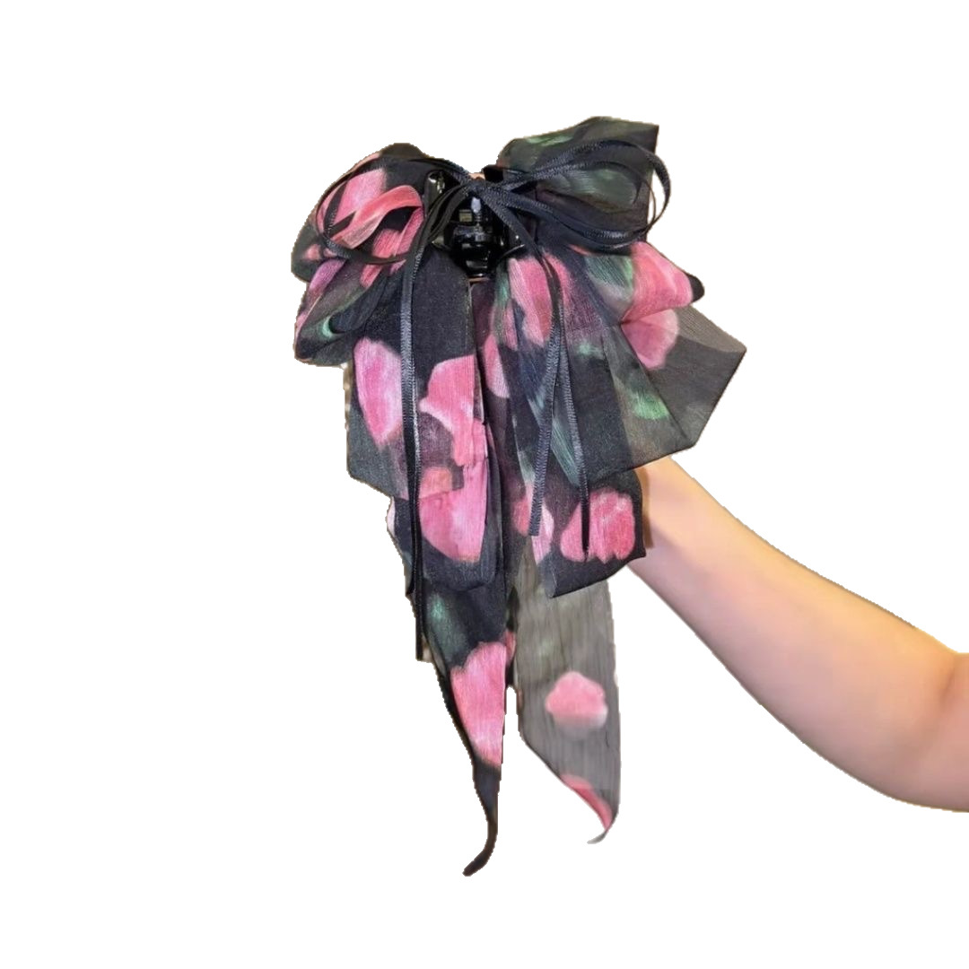 French floral bow ribbon high ponytail half-tied hair clip for women, exuding a sense of sophistication and increasing hair volume. Shark clip at the back of the head Item Picture