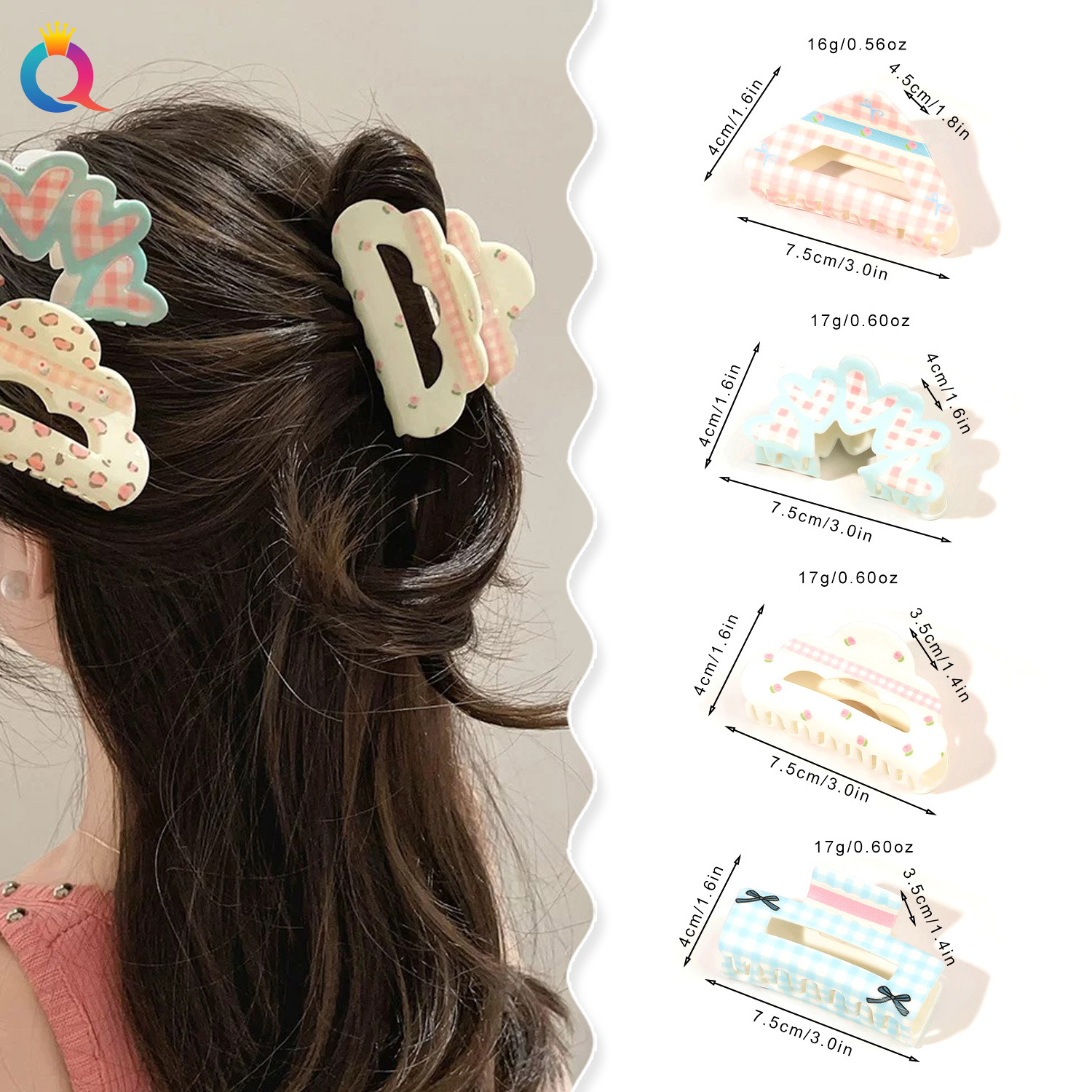 Wholesale of Qiyue acrylic cream hair clips, floral checkered heart-shaped grab clips, versatile updo and shark clip hair accessories details Picture