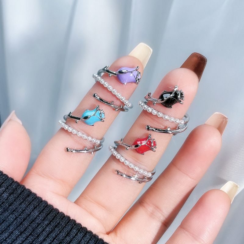 A high-end, light luxury, colorful rose and pearl drip glaze open ring, a simple and individual design for women full figure