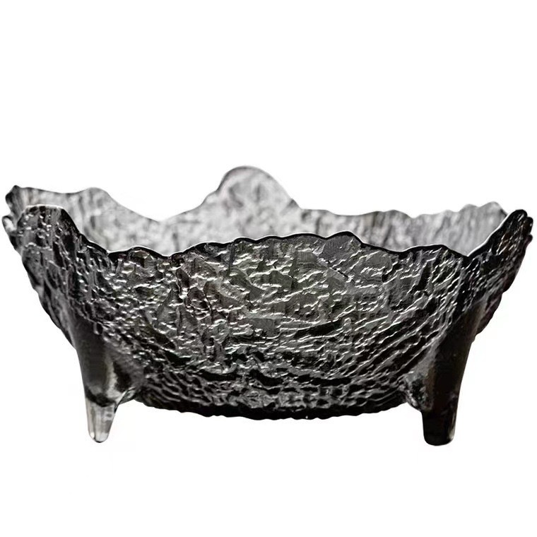 Factory wholesale hammer-patterned wave-mouth ice platters, original color glass irregular high-grade gray fruit household fruit platters, salad bowls Item Picture